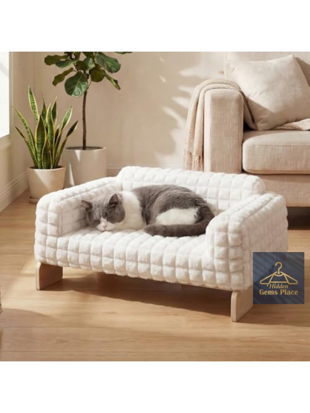 Elevated Cat Bed Indoor Wood Furniture Style Cat Couch Sofa with Faux Rabbit Fur